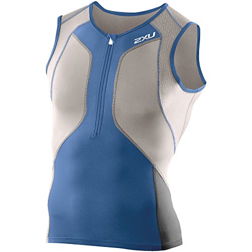 2Xu Men's Perform Compression Tri Singlet, X-Large, Charcoal/Pacific Blue #TOP7