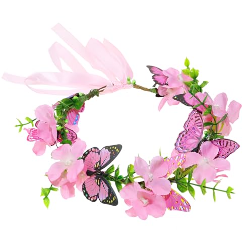 PENTA ANGEL Butterfly & Flower Crown Adjustable Fairy Floral Headband Garland Wreath Headpiece Accessories with Ribbon for Women Adults Bridal Wedding Summer Holiday Vacation Photo Props (Pink, 22cm)
