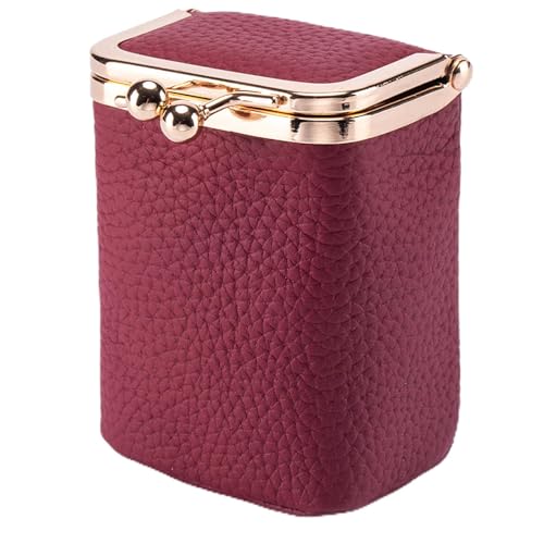 Axcvveiyi Genuine Leather Lipstick Case with Mirror, Travel Mini Durable Soft Cosmetic Bag for Women,Retro Kiss Lock Toiletry Bag Suitable Daily Touch-up, Wine Red