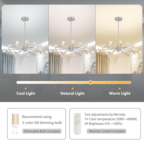 Bagood 18 Lights Nickel Sputnik Chandeliers 47.2" Branch Chandeliers Modern Crystal Chandelier Modern Sputnik Chandelier Contemporary Mid Century for Kitchen Living Room(Dimmable Bulb & Remote Incl.) by Bagood - Image 3
