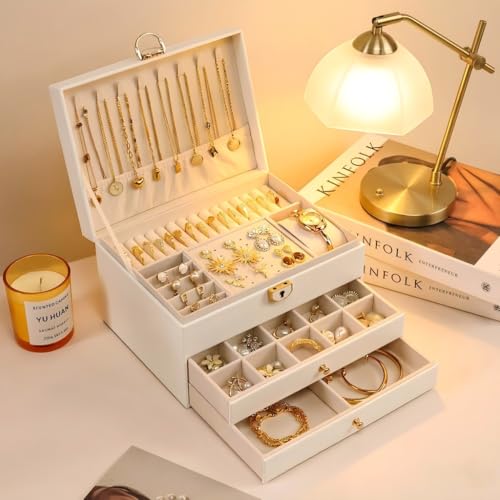 3-Layer Jewelry Box for Women Girl Wife, Jewelry Organizer with 2 Drawers, Removable Jewelry Tray, PU Leather Jewelry Storage Case for Necklaces Rings Earrings Bracelets Watches (Pearl White) — view 4