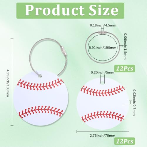 SOFPLATE 12 Stück Baseball Gepäckanhänger Rund Mit Metallring Aus Weißem PVC Softball Design Namensschild Zum Selbstgestalten Gepäckanhänger Für Koffer Reisetaschen Rucksäcke Und Handtaschen.