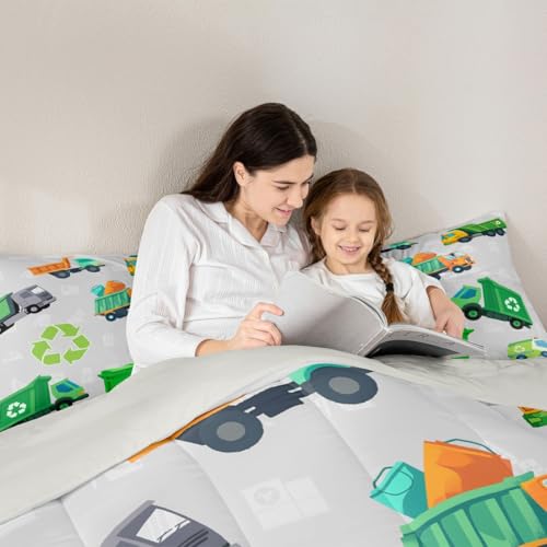 Image of Feelyou Boys Green Garbage Truck Bedding Set - Cartoon Trash Truck Comforter Set for Kids - King Size with 2 Pillow Case