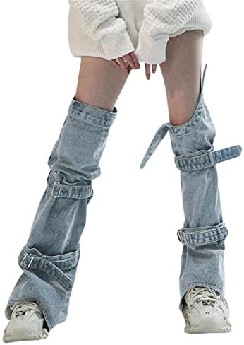 Tsultryofs Women's Y2K Denim Leg Warmers 80s Knee High Harajuku Buckle Jean Socks Punk Gothic Leg Cover Stockings Streetwear (Blue, S)