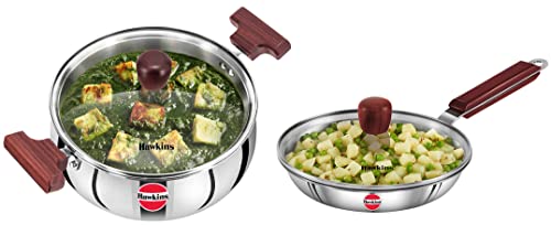 Image of Hawkins Tri-Ply Stainless Steel Induction Compatible Cook n Serve Handi with Glass Lid, 3 Litre & Tri-Ply Stainless Steel Induction Compatible Frying Pan with Glass Lid