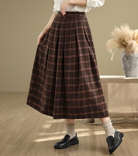 chouyatou Women's Retro Plaid Checkered Wool Skirt High Elastic Waist A-Line Pleated Midi Long Skirt2