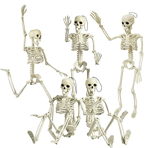 5 Packs Posable Halloween Skeleton, Full Body Halloween Skeleton with Movable Joints, 16  Hanging Spooky Skeletons for Halloween Haunted House Party Home Props Decorations