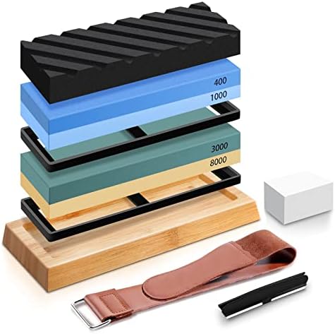 Sharpening Stone Whetstone Set, Knife Sharpening Stone Kit 4 Side Grit 400/1000 3000/8000, Professional Whetstone Knife Sharpener Includes Bamboo Base, Flattening Stone, Leather Strop & Angle Guide