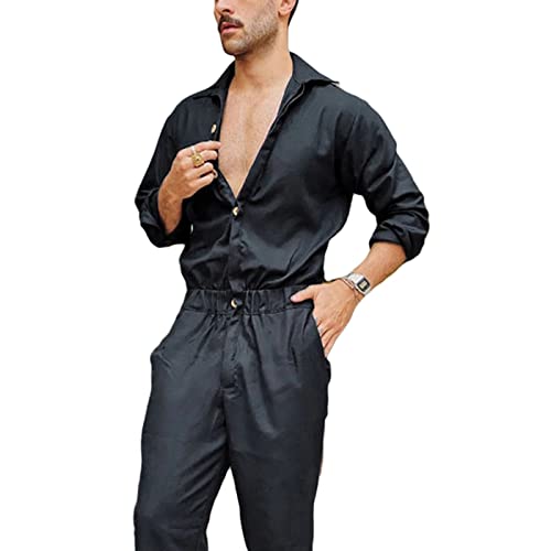 Men' s Jumpsuit Solid Color Turn-Down Collar Long Sleeve Playsuits Romper for Man Clothing,Black,L