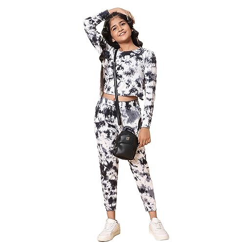 Image of TeenTrums Tie Dye Black Co-ord Set with Boat Neck Tshirt & Joggers, 100% Cotton, Fashion for Youth, Stylish Teen Fashion Collection, Tie Dye Set of Top & Bottom for Girls, Age 05 to 16 Years