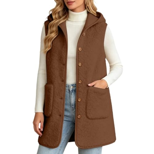 Womens Fleece Vest Warm Hooded Sherpa Long Button Down Vest Cardigan - image 2