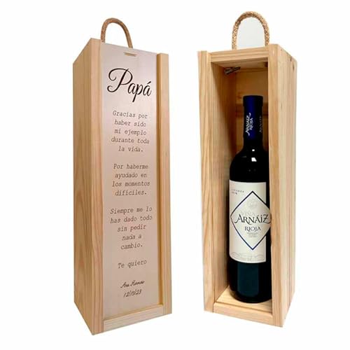 ADRI - Regalos originales personalizados para padres, madres, hermanos, abuelos - Caja de madera personalizada con botella de vino incluida para regalar (FRASE PAPA)