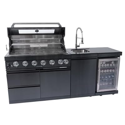 WIILAYOK Outdoor Kitchen Bar Barbecue Island, Deluxe Stainless Steel Grill Set, 6 Gas Burner 85000 BTU, with Sink, Beverage Refrigerator, Storage Drawers, Black