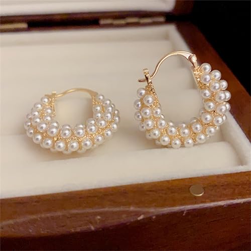 Chunky Basket Pearl Hoop Earrings Gold Plated Vintage Thick Round Shell Pearls Ball Small Lightweight Huggie Hoop Earrings for Women Minimalist Wedding Bridal Christmas Birthday Party Trendy Jewelry Gifts4