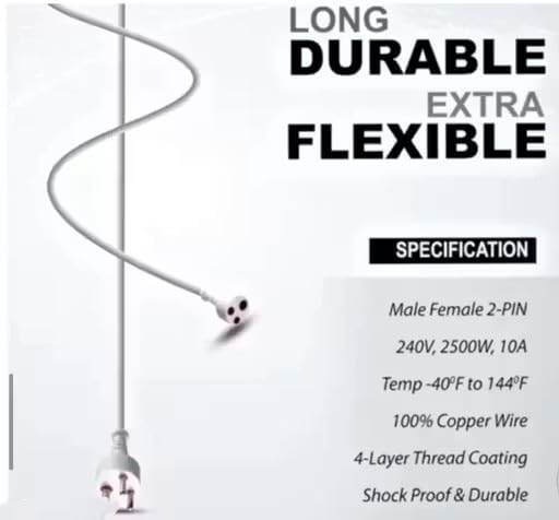 Image of 3-Pin Extension Cord, 2 Meter Heavy Duty 10 Amp / 2500W Power Cable with 3 Socket Design, Male to Female Plug for Home Appliances & Office Use - White