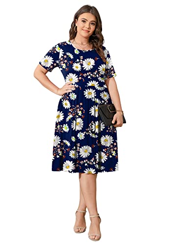 Image of POSESHE Womens Plus Size Summer Dress 2026 Casual Short Sleeve Empire Waist Loose Fit Swing T-Shirt Dress with Pockets
