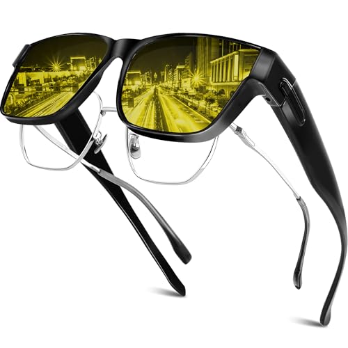 Each Cool Fit Over Night Driving Glasses for Men and Women – HD Anti-Glare Night Vision Glasses for Driving, 100% UV (Night Vision/Matte Black Frame)