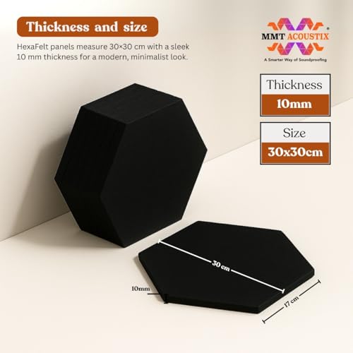 Image of MMT Acoustix HexaFelt Bevelled Acoustic Panels, Luxury Sound Absorbing Felt Wall Panels for Home, Office & Studios | VOC Free, 30x30 cm | Pack of 7 | Piano Black Colour