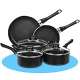 FLASHPRIX Bateria de Cocina de 8 piezas. Juego de Ollas y Sartenes Completo: 2 Sartén 2 Cazo 1 Cacerola 3 Tapas de Cristal. Aluminio con mangos de Baquelita