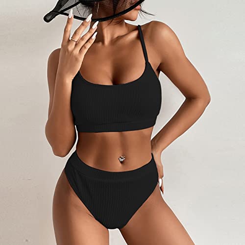 Foto von KOEMCY Damen Bikini Set High Waist Schwimmanzug Trendy Sexy Bademode Zweiteiliger Badeanzug Triangel Bikini Swimsuit Beachwear (Schwarz,XL)