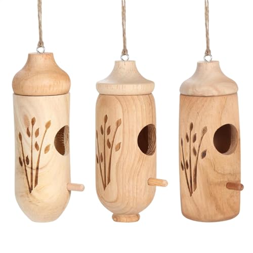 Casas para pájaros, casa para colibríes al aire libre, 3 crías de colibríes de jardín de madera, cueva de cría de cabañas de pájaros para jardín, patio, balcón, porche, tronco de árbol