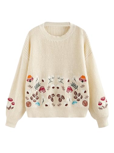 Image of SHENHE Women's Oversized Embroidered Mushroom Sweater Crewneck Chunky Knit Sweater Pullover