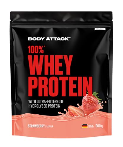 Body Attack 100% Whey Protein - Strawberry 900 g - Made in Germany - extra cremiges Eiweißpulver mit Hydrolysat und BCAAs unterstützt Muskelaufbau und Diäten für alle Sportler & Athleten