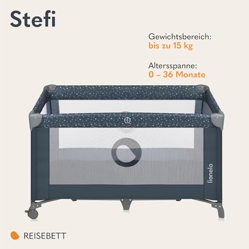 Lionelo Stefi Baby Kinderbett, Reisebett ab Geburt bis 15 kg, Seiteneingang, Sicherungssystem LockGuard, Blockade der Räder, Tragetasche, zusammenklappbar
