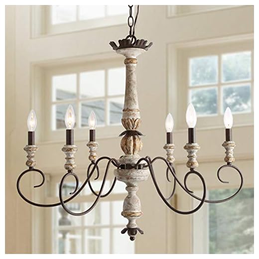 LALUZ Farmhouse Chandelier, French Country Lighting for Dining Room, 6-Light Shabby Chic Chandelier, Cloud Arms in Rusty Metal Finish, Distressed Wood, 31.1" L