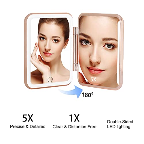 Travel Makeup Mirror With Lights,5X Magnifying Vanity Mirror,Compact Mirror Double Sided Handheld Mirror With Auto-Off Light,Rechargeable Portable Folding Travel Led Make Up Mirror,Gift For Mother #TOP4