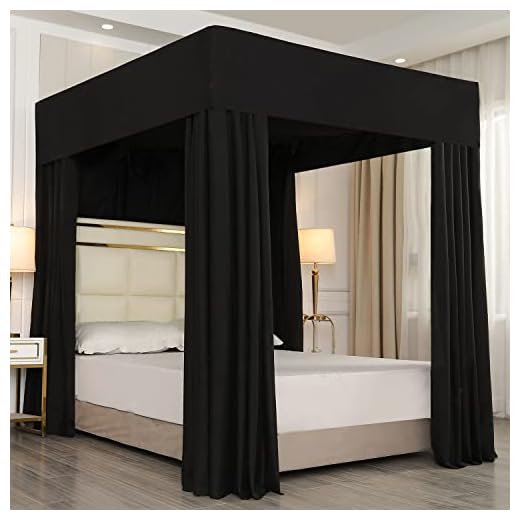 Mengersi Black Four Corner Post Bed Canopy Bed Curtains Sheer Canopy for Adults Girls Bedroom Decoration Lightproof Windproof (Queen, Black)
