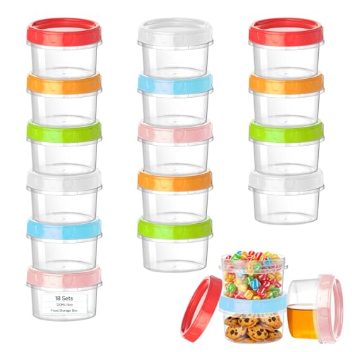 VINATO 18Pcs Contenitori per Alimenti, 120ml Barattolini Plastica Piccoli con Tappo, Set Scatole Plastica, Contenitori per Congelatore, Impilabili