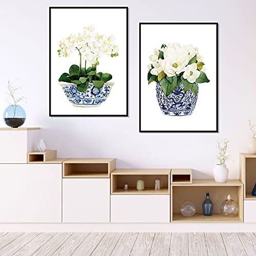 Vlolife White Orchid & Magnolia Watercolor Chinoiserie Decor Canvas Print Oriental Vase Blue White Willow Style Porcelain Flower Jar No Frame, 16X24Inchx2 Unframed #TOP3