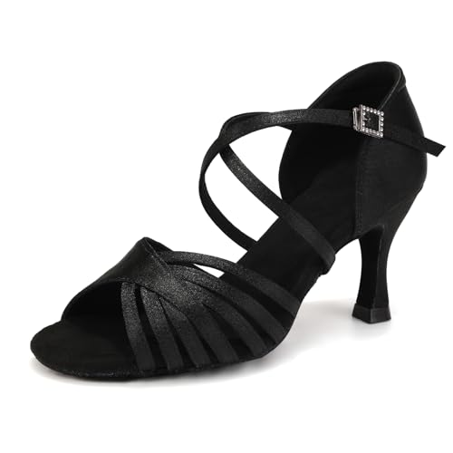 Uonpie Chaussures de Danse Latine Femme Bout Ouvert Satin Chaussures de Danse de Salon Tango Salsa Bachata Noir, 38 EU