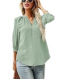 LOMON 3/4 Sleeve Blouses for Women Henley V Neck T Shirts Swiss Dot Chiffon Tunic Tops Dressy Casual (Mint Green, S)