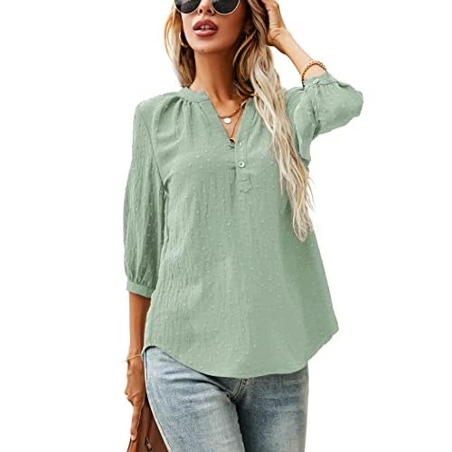 LOMON Women's Casual 3/4 Sleeve Henley V-Neck Button Up Pleated Back Blouses Swiss Dot Blouse Tops T-Shirts S-XXL Large Mint Green