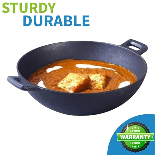 Image of EARTHFIT Cast Iron Kadai 8 Inches with Twin Handles | Durable Iron Kadhai for Cooking and Deep Frying | Pre-Seasoned Kadai Cast Iron for Healthy Cooking