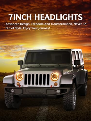 7 inch LED Headlight Amber White Angel Eyes DOT E-MARK Approved Hi/lo Beam and 6000K/3500K DRL lamp Halo, UNI-SHINE J003T-pair