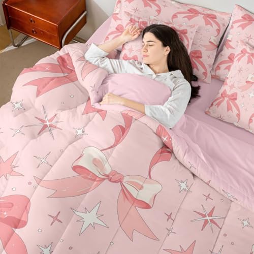 Image of Kawaii Bow Full Size Bed Sheets and Comforter Set | Princess Bow 7 Piece Bedding Set Dreamy Ribbon Bowknot Bed in a Bag, Stars Watercolor Room Decor,Pink Bow Decor