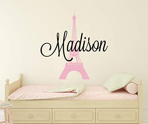 Custom Name Paris Wall Decal - Girls Personalized Name Eiffel Tower Wall Decor - Girls Name Sign Stencil Monogram Bedroom Room Wall Art Mural Vinyl Sticker (22"W X 22"H) #TOP2