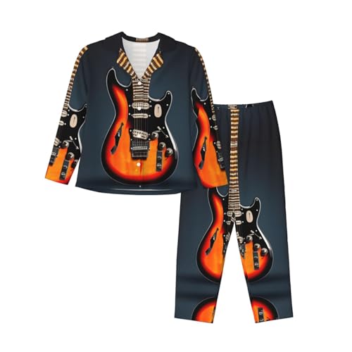 Pyjama guitares électriques orange ensemble de nuit tendance à manches longues pour femme