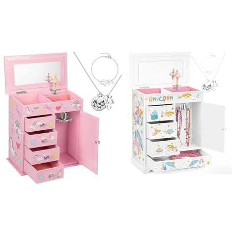 efubaby Upgrade Jewelry Box for Girls 5-Layer with Swing Door Spinning Ballerina Unicorn &Castle Design Unicorn Jewelry Set Cover