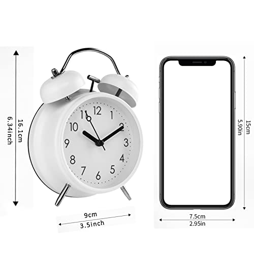 Pilife Analog Alarm Clock, 4 Inch Super Silent Non-Ticking Twin Bell Alarm Clock With Backlight,No Snooze,Battery Operated,Loud Bell For Heavy Sleepers,Home Decor,Pure White #TOP2