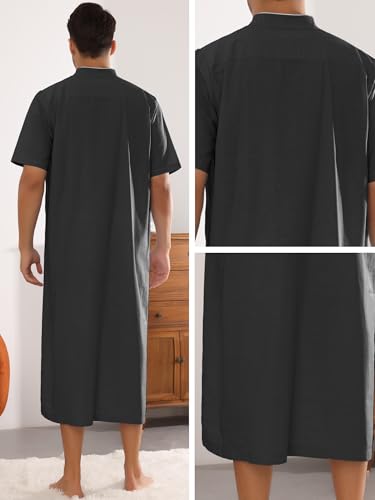 Lars Amadeus Long Nightgown for Men's Loose Fit Short Sleeves Stand Collar Zipper Nightshirts4