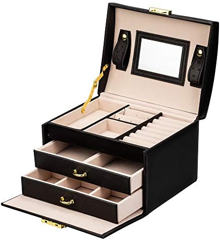 ADEL DREAM Jewellery Box Lockable 3 Tier with 2 Drawers with Mirror for Rings, Earrings, Necklaces and Bracelets (Black)