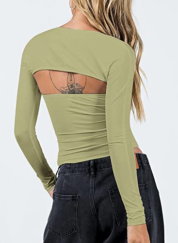 Dokotoo Spring Tops For Women Girls Solid Long Sleeve Open Front Shrug T Shirt Sexy Square Neckline Strapless Tight Camisole Tank Tops Cutout Blouses Set Green Xl #TOP2