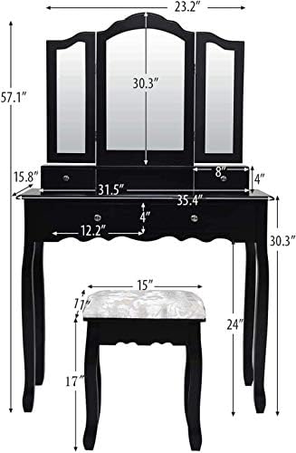 Catrimown Vanity Desk with Tri-Folding Mirror, Makeup Dressing Table with 4 Drawers and Stool, Vanity Set Bedroom Furniture for Girls Women (Black)