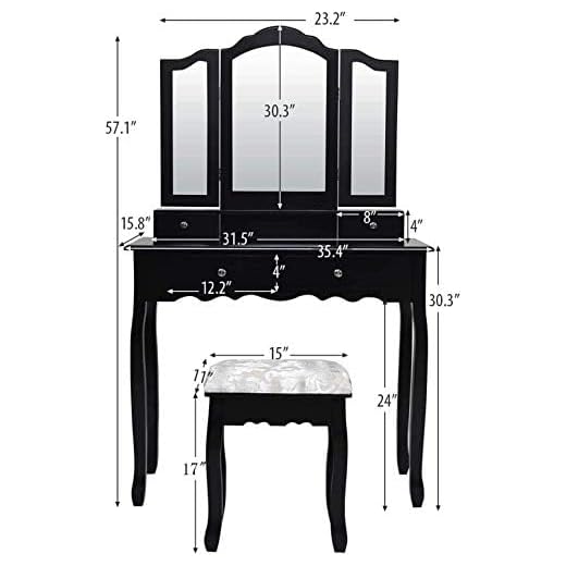 Catrimown Vanity Desk with Tri-Folding Mirror, Makeup Dressing Table with 4 Drawers and Stool, Vanity Set Bedroom Furniture for Girls Women (Black)