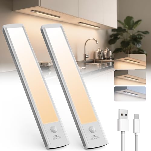 TANSOOL+ Schrankbeleuchtung LED Lampe mit Bewegungsmelder - USB-C Aufladbar Unterbauleuchte Küche Licht - 3 Farbmodi Dimmbar kabellos Nachtlicht für Küche, Treppe, Schrank - 20cm, 2 Stück