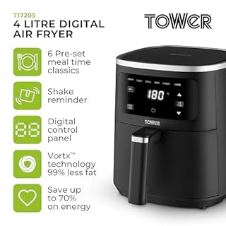 Tower T17205AFR Digital Single Basket Air Fryer, 4L Capacity, Overheat Protection, 1300W, Black, Medium